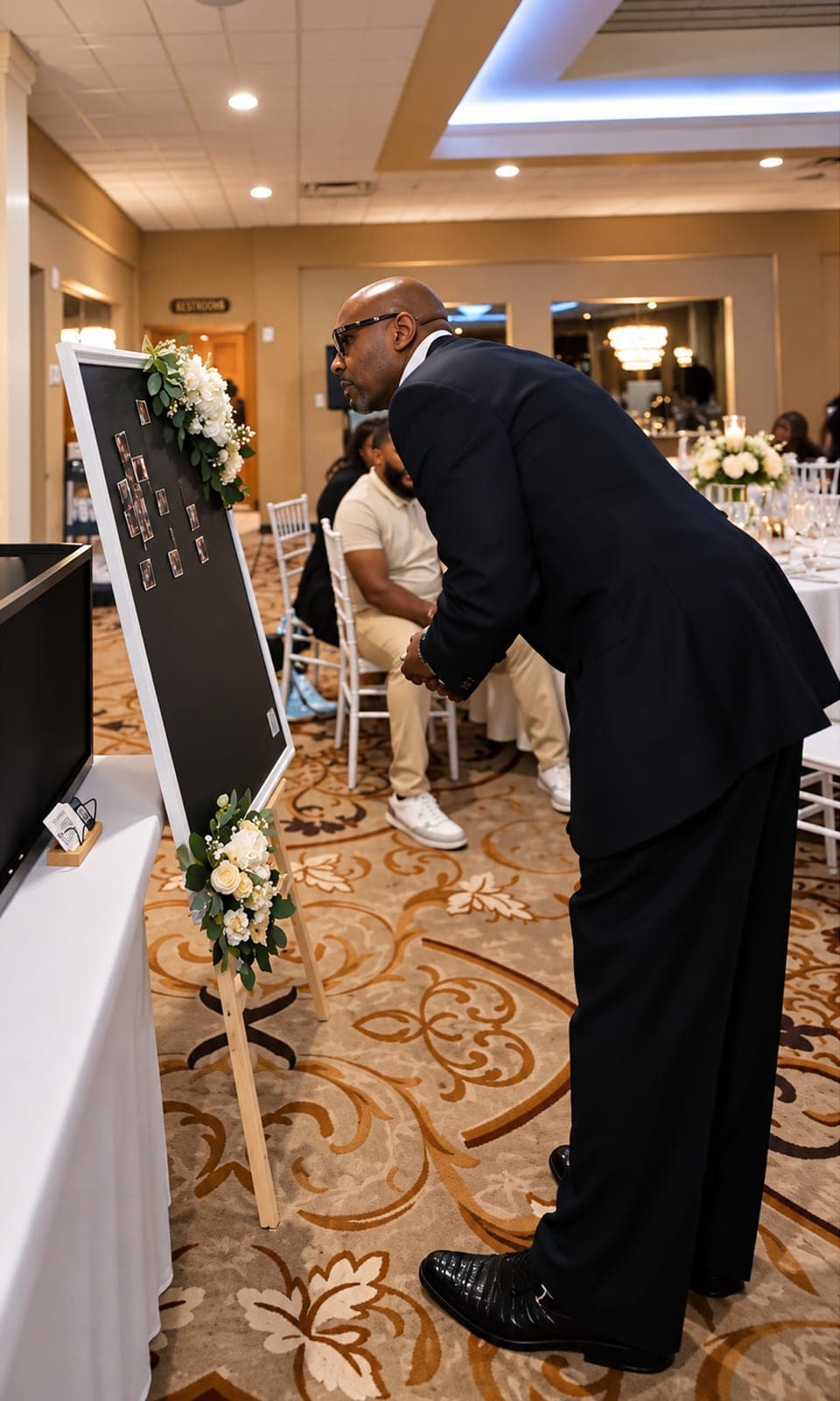 Wedding guest in a suit leaning in to look at the photo magnets on the Memory Board