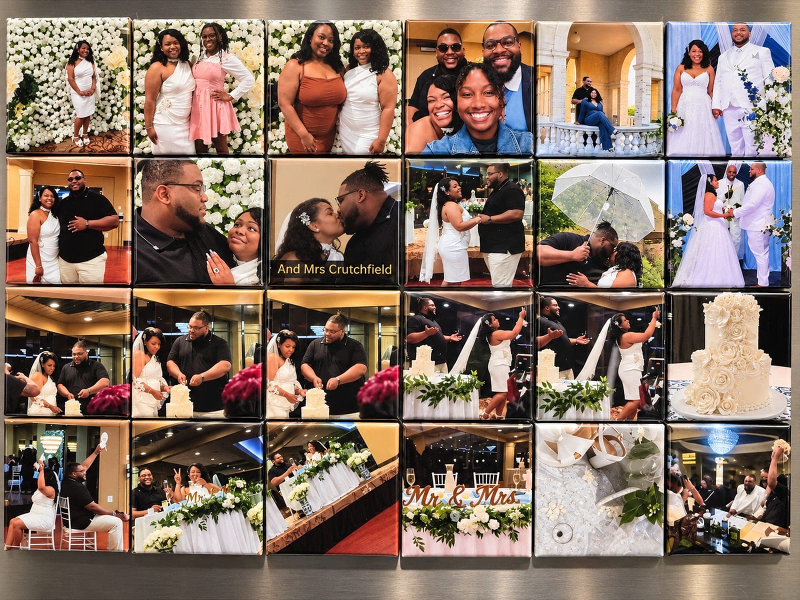 Twenty-four custom wedding photo magnets arranged on a stainless steel fridge after the reception